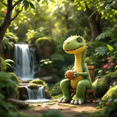 The primary subject of the image is a cartoon dinosaur sitting on a wooden bench in a lush green forest. The setting is a serene, natural environment with a waterfall nearby. The visual style is a digital art or illustration, creating a whimsical and playful atmosphere. The colors are predominantly green, representing the forest, and the mood is one of relaxation and enjoyment of the natural surroundings.